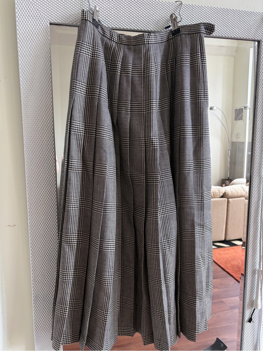 Vintage Plaid Wool Midi Skirt in Black and White - Classic A-Line